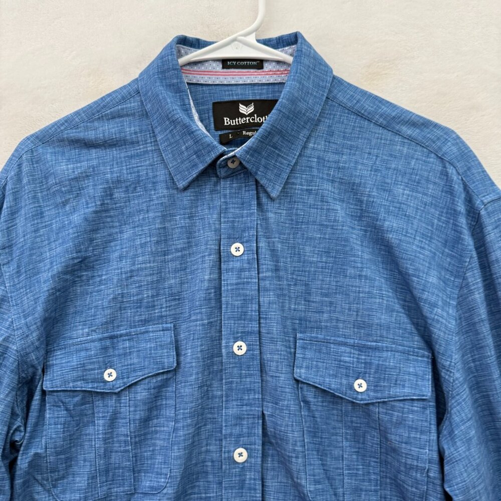 Butter Cloth Shirt Men L Blue Icy Cotton Regular Fit Stretch Rayon Flip Cuff - Picture 2 of 10